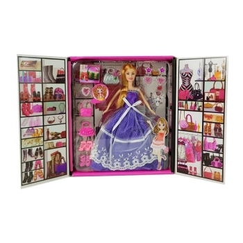 Lalka Fioletowa Suknia Bal Torebka Szpilki Biżuteria