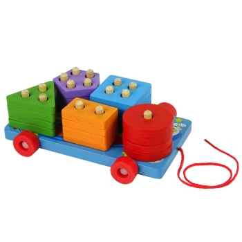 Drewniane Klocki Platforma Na Kółkach Niebieska Sorter Kształty Układanka