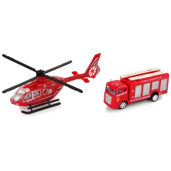 Zestaw Autek Straż Pożarna Naciąg Helikopter Czerwony