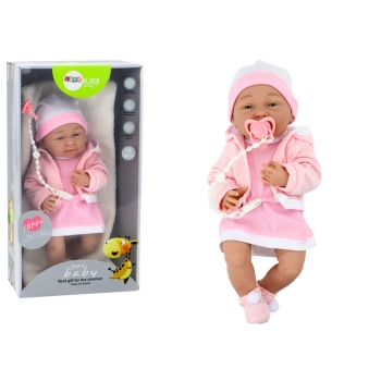 Lalka Bobas Ze Smoczkiem Sukienka Czapeczka Różowa Kocyk Akcesoria 35 cm