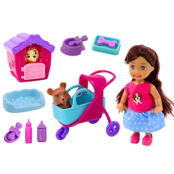 Laleczka Z Psami Lalka Piesek Buda Akcesoria Różowe Szczeniak 16 ele.