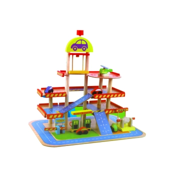 Drewniany Parking Piętrowy Zestaw Autka Akcesoria