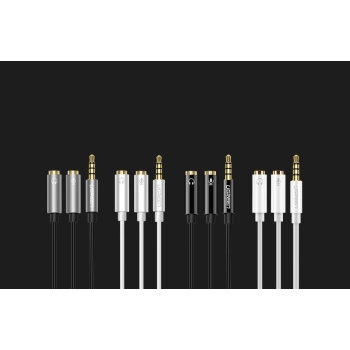 Rozdzielacz słuchawkowy 3.5mm mini jack AUX + mikrofon stereo 20cm srebrny