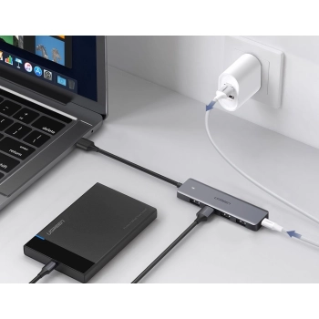 HUB Rozdzielacz portów USB - 4x USB 3.2 z portem zasilania micro USB szary