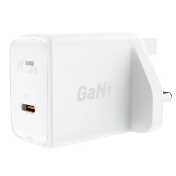 Ładowarka sieciowa angielska GaN USB-C 30W Q3 3.0 AFC FCP wtyczka UK biały
