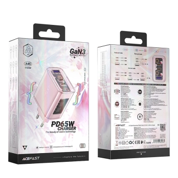 Ładowarka sieciowa GaN 65W 3 porty 1x USB 2x USB-C różowa