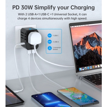 Uniwersalna ładowarka podróżna USB-C 2x USB-A PD 30W wtyczki USA EU UK AU czarna