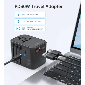 Uniwersalna ładowarka podróżna USB-C 2x USB-A PD 30W wtyczki USA EU UK AU czarna