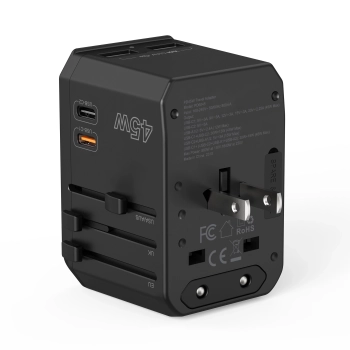 Uniwersalna ładowarka podróżna 2x USB-C 2x USB-A PD 45W wtyczki USA EU UK AU czarna