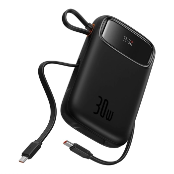 Power bank 10000mAh QPow 2 30W z wbudowanymi kablami USB-C - czarny