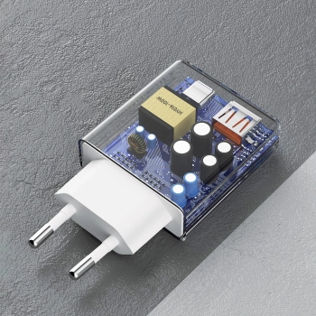 Ładowarka sieciowa GaN A30EUL 30W USB-A USB-C + kabel USB-C - Lightning - biała