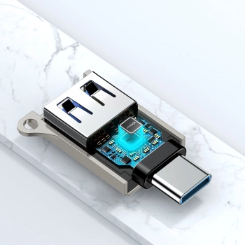 Adapter przejściówka USB-C (męski) - USB-A (żeński) z oczkiem na smycz - srebrny