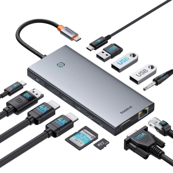 13w1 HUB adapter PortalJoy Series USB-C HDMI DP VGA USB-A PD RJ45 SD TF AUX - szary