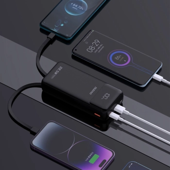 Powerbank 20000mAh z wbudowanymi kablami iPhone Lightning USB-C USB-A 22.5W PD - czarny