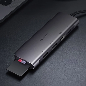 6w1 HUB adapter USB-C - HDMI USB-A USB-C PD czytnik SD TF - szary