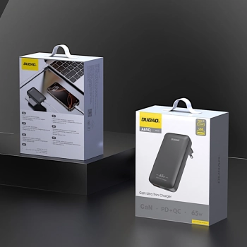 Ładowarka sieciowa podróżna ultracienka GaN 65W USB-A USB-C PD EU / US - czarna