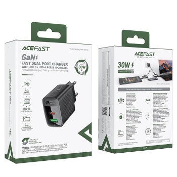 Ładowarka sieciowa A98 sieciowa GaN USB-A USB-C PD 30W - czarna