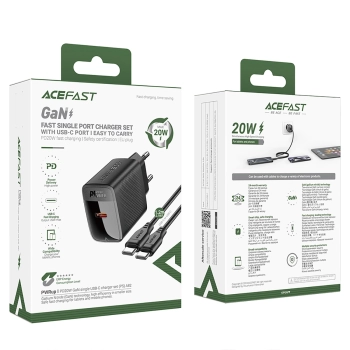 Ładowarka sieciowa A82 GaN USB-C PD 20W - czarna + kabel USB-C / USB-C