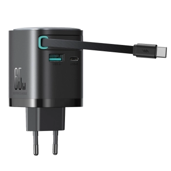 Ładowarka sieciowa GaN 65W USB-A USB-C z wbudowanym kablem USB-C - czarna