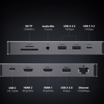 13w1 HUB adapter USB-C - USB-A / USB-C / HDMI / DisplayPort / RJ45 / SD TF / AUX / USB-C PD - szary