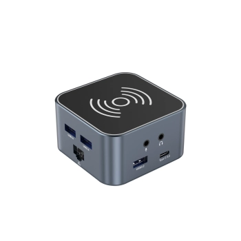 12w1 Hub z ładowarką bezprzewodową USB-A USB-C HDMI RJ45 SD TF mini jack - szary
