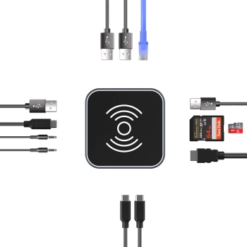 12w1 Hub z ładowarką bezprzewodową USB-A USB-C HDMI RJ45 SD TF mini jack - szary
