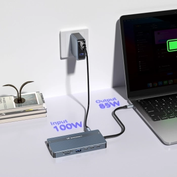 14w1 HUB do 3 monitorów USB-A USB-C DisplayPort HDMI RJ45 SD TF mini jack - szary