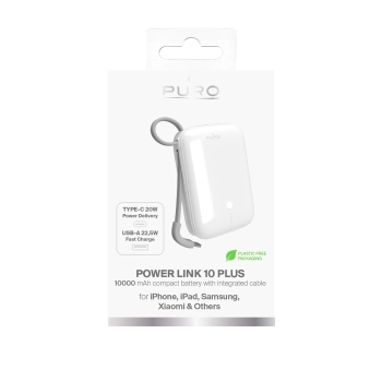 Powerbank 10000mAh USB-A USB-C z wbudowanym kablem - biały