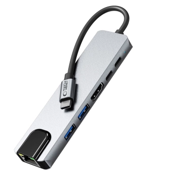 6w1 HUB Adapter USB-C USB-A HDMI RJ45 4K 30Hz PD 100W - szary