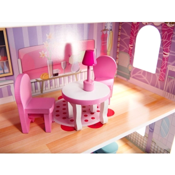 Domek dla lalek drewniany MDF mebelki 70cm różowy LED