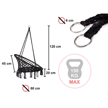 Huśtawka fotel bocianie gniazdo z oparciem czarna 80cm + poduszki 150kg