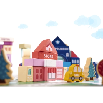 Klocki drewniane edukacyjne miasto puzzle 100el.