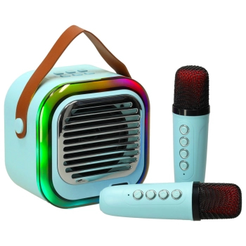 Zestaw do karaoke głośnik Bluetooth 2 mikrofony USB LED 10W niebieski