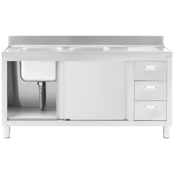 Zlew basen gastronomiczny dwukomorowy z szafką z drzwiami przesuwnymi szufladami stalowy 160 x 60 x 95 cm