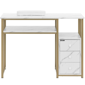 Biurko kosmetyczne do manicure z podpórka na dłonie 3 szuflady 110 x 46 cm - marmur złoto
