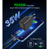 Mała mocna ładowarka sieciowa GaN USB-A USB-C PD 35W z wyświetlaczem czarna