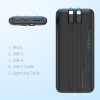 Powerbank 10000 mAh 22.5W USB-A USB-C micro USB z kablem USB-C i Lightning - czarny