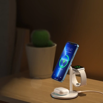 Ładowarka bezprzewodowa indukcyjna ze stojakiem do iPhone Apple Watch AirPods biały
