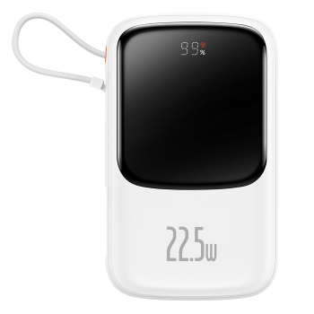 Qpow powerbank 10000mAh wbudowany kabel USB Typu C 22.5W Quick Charge biały