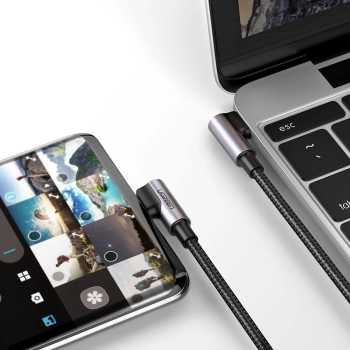 Kabel przewód kątowy z bocznym wtykiem USB-C na USB-C Quick Charge 1m - szary