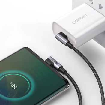 Kabel przewód kątowy z bocznym wtykiem USB-C na USB-C Quick Charge 1m - szary