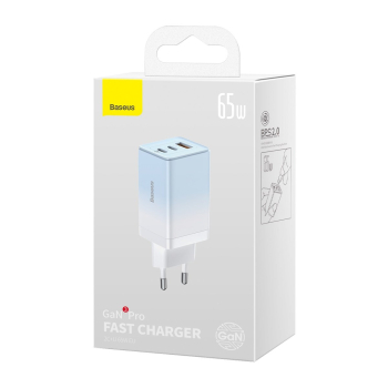 Szybka ładowarka sieciowa GaN 2x USB-C / USB 65W QC PD - niebieski