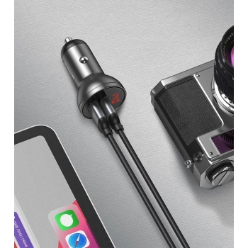 Ładowarka samochodowa 2x USB 4.8A 24W z wyświetlaczem LCD szary