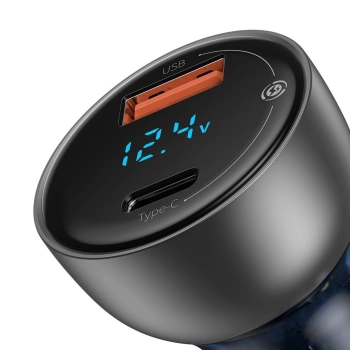 Ładowarka samochodowa USB + USB-C 65W Quick Charge ekran LCD przezroczysty