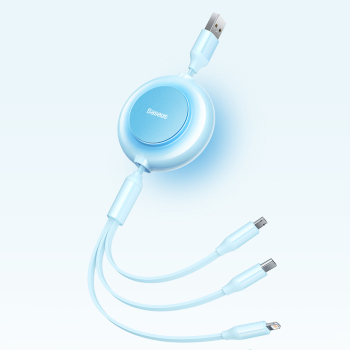 Kabel przewód 3w1 ze zwijaczem USB microUSB Apple USB-C 3.5A 1.1m błękitny