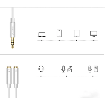 Rozdzielacz słuchawkowy 3.5mm mini jack AUX + mikrofon stereo 20cm srebrny