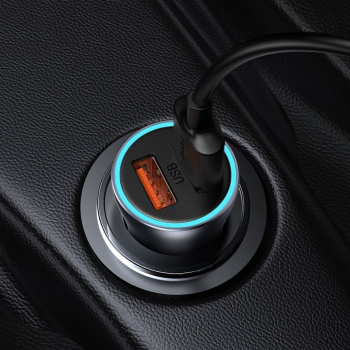 Szybka ładowarka samochodowa 2x USB 40W QC SCP FCP AFC + kabel USB-C szary