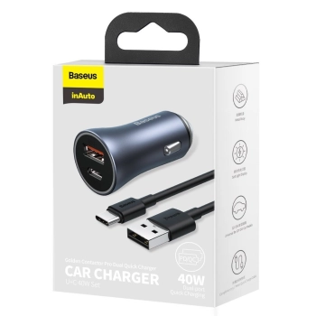 Szybka ładowarka samochodowa 40W PD QC USB-C / USB + kabel USB-C szary