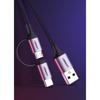 2w1 Kabel przewód w mocnym oplocie USB - microUSB + USB-C 1m 2.4A czarny