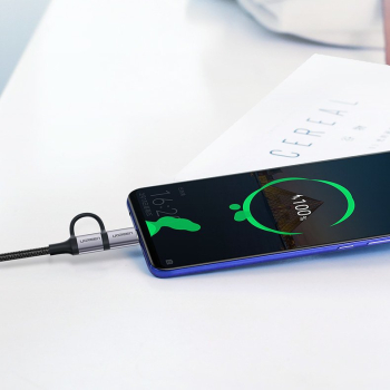2w1 Kabel przewód w mocnym oplocie USB - microUSB + USB-C 1m 2.4A czarny